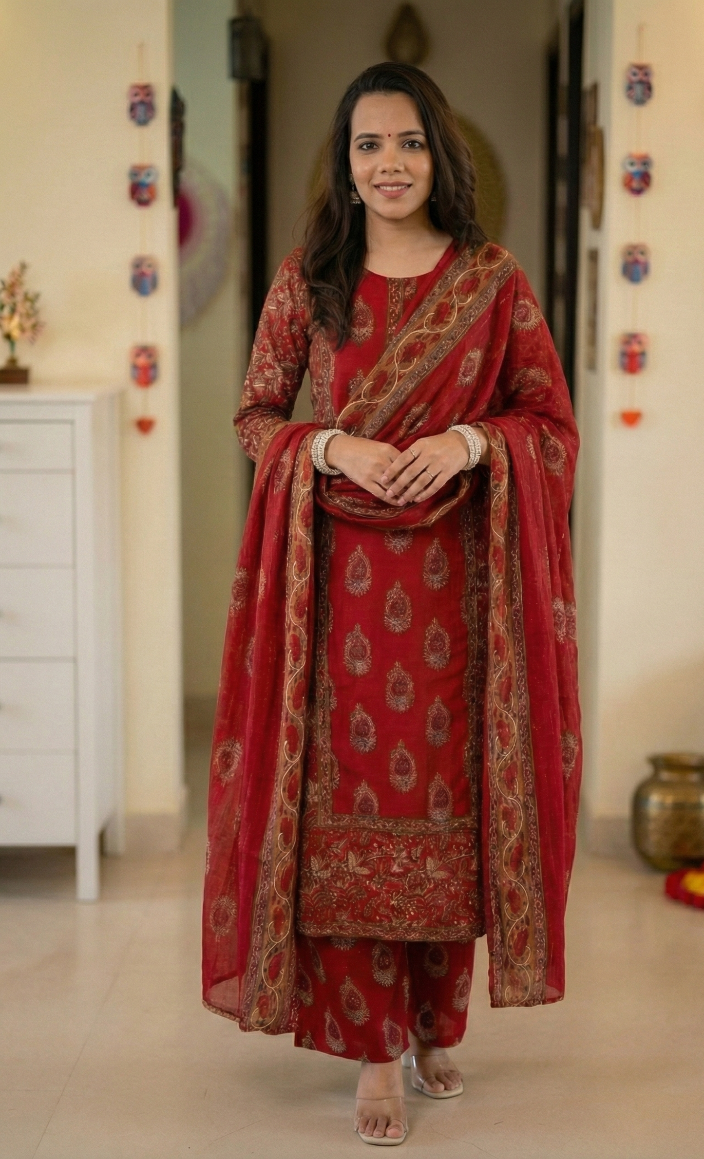 Regal Ruby: Gold Block-Printed Traditional Kurta Set with Dupatta