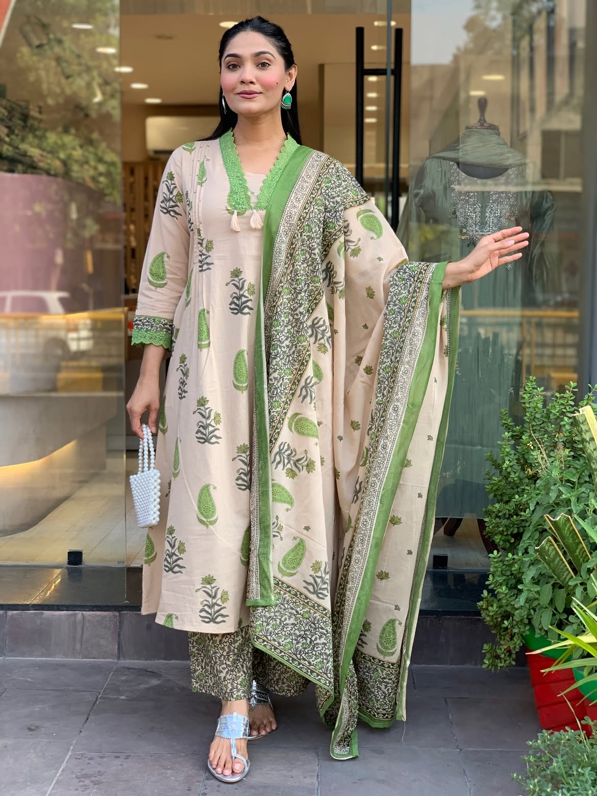 Beige & Lime Green Paisley Printed Kurta Set with Printed Palazzo and Dupatta