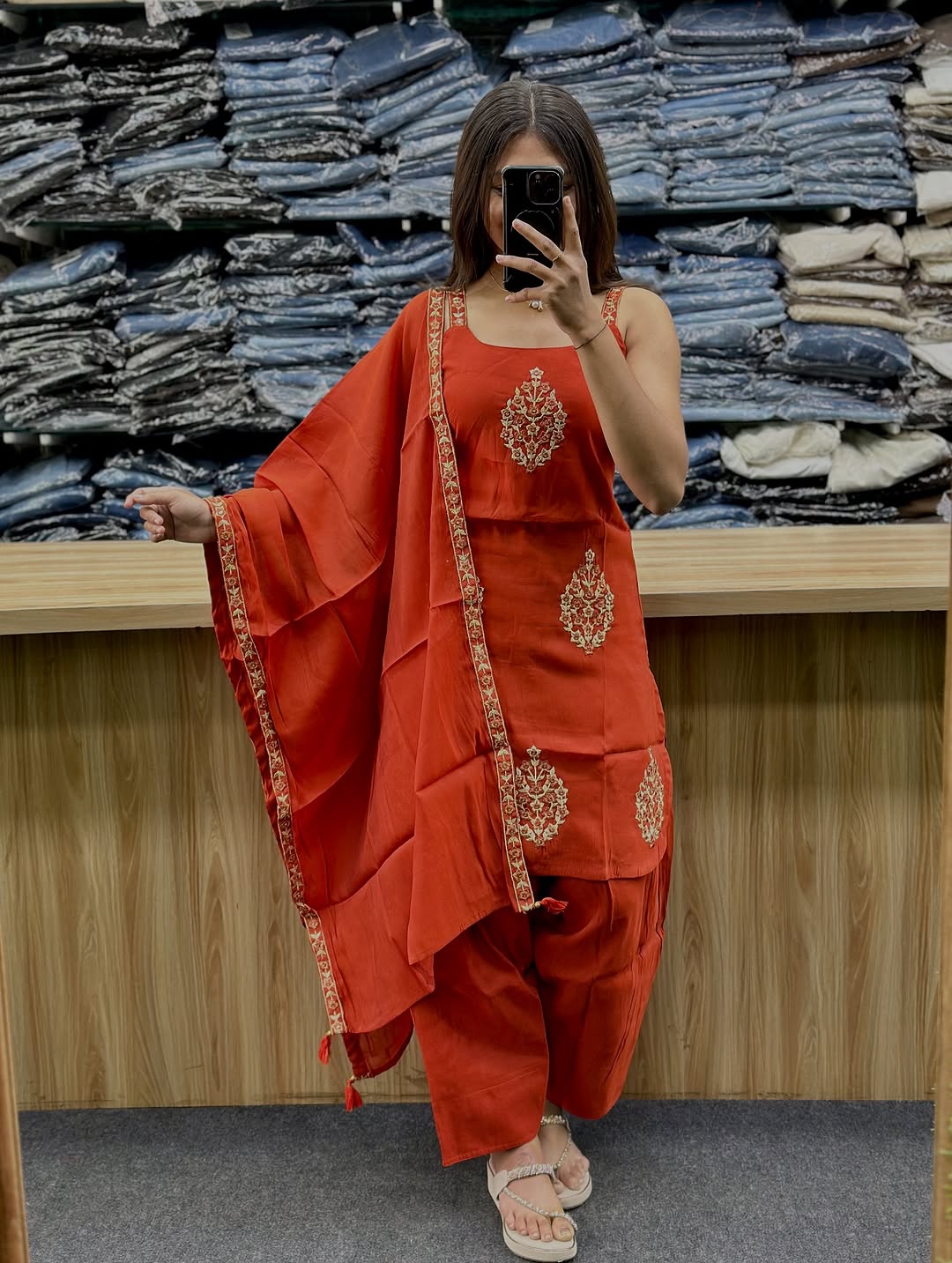 Rust Orange Embroidered Strappy Sleeveless Kurti with Salwar & Dupatta Set