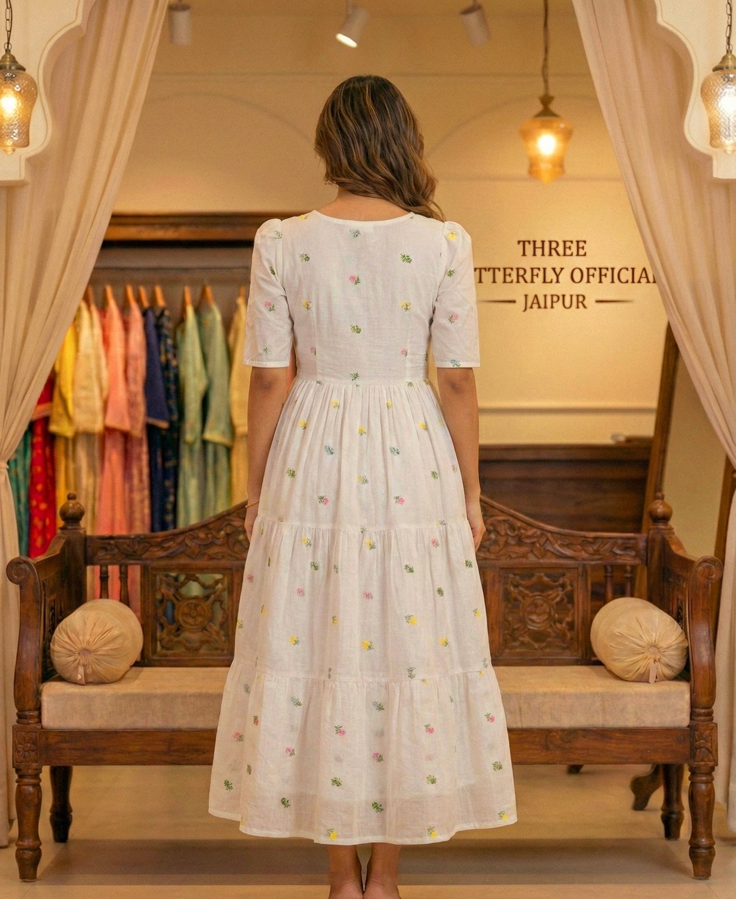 Elegant White Floral Embroidered Square Neck Tiered Midi Dress