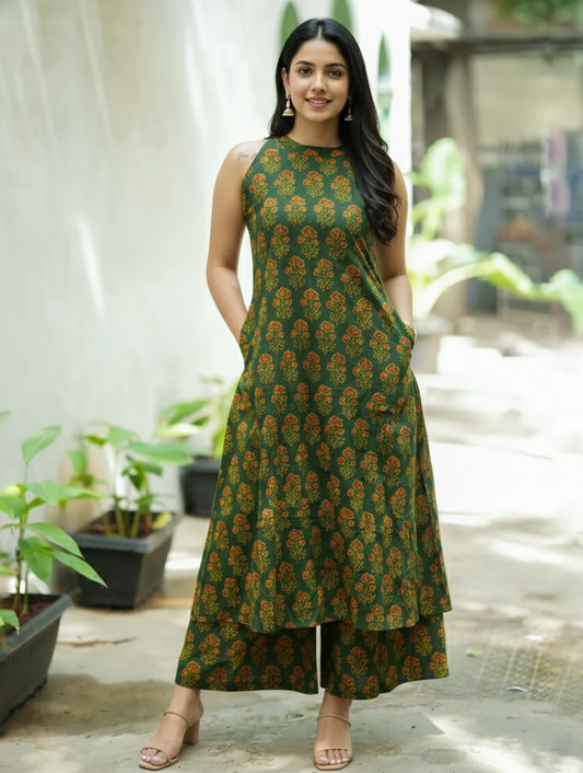 Emerald Bloom Printed Halter Neck Kurti with Palazzos