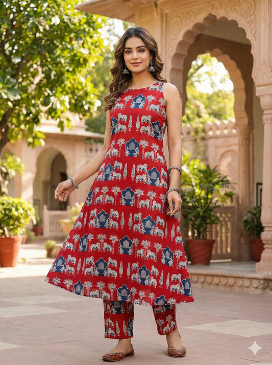 Women's Red Sleeveless Ethnic Elephant Print Kurta with Pant Set