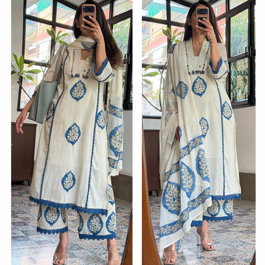 Graceful Off-White and Blue Block Print Kurta Set with Matching Dupatta