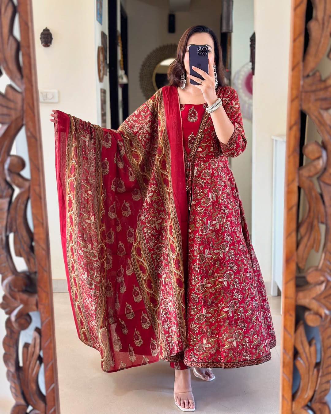 Festive Fusion: Red Block Print Anarkali Set with Flared Jacket & Layered Kurta