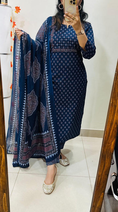 Navy Blue Bandhani & Ethnic Printed Kurta Set with Trousers and Dupatta