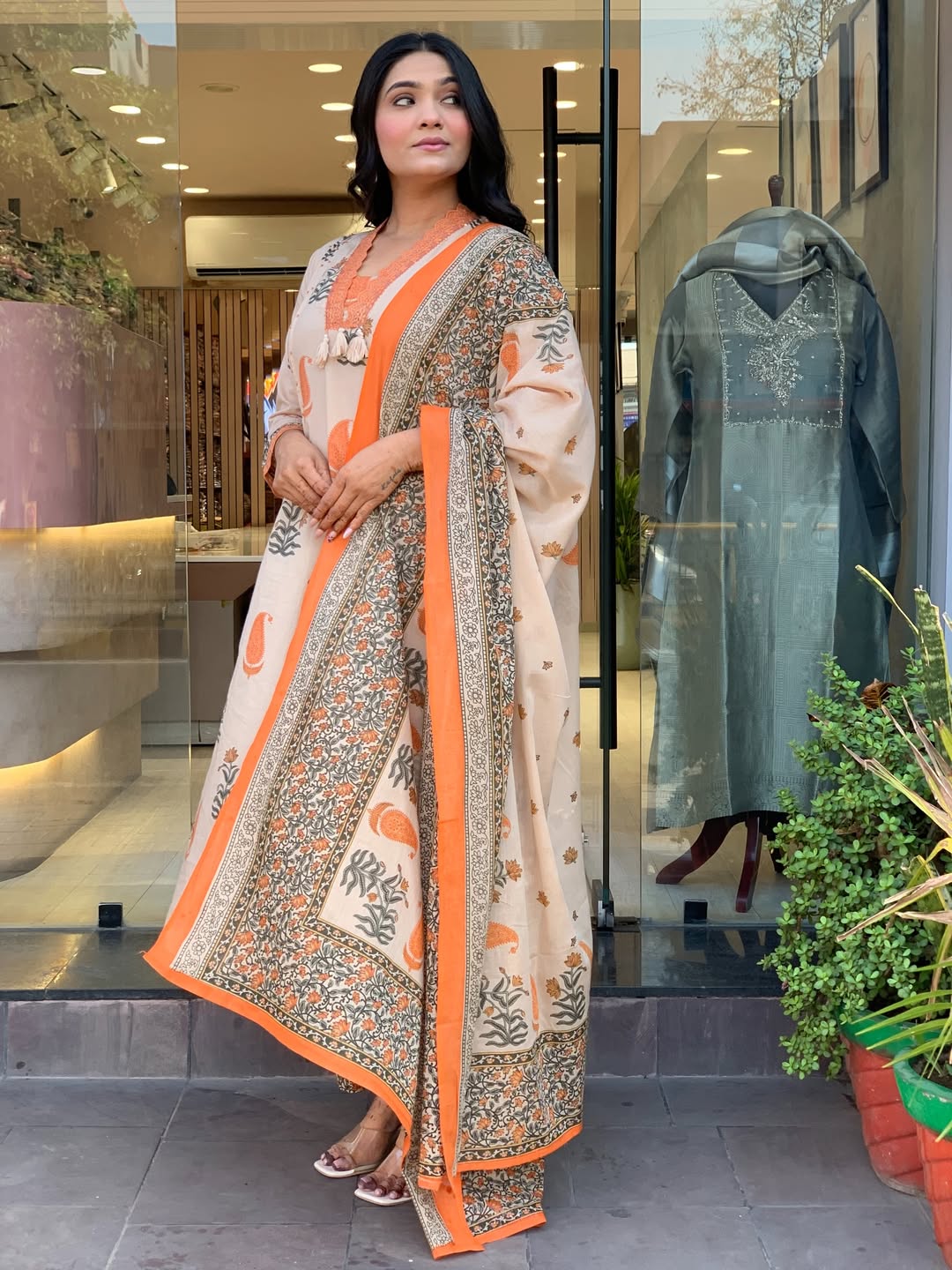 Beige & Tangerine Paisley Printed Kurta Set with Printed Plazzo and Dupatta