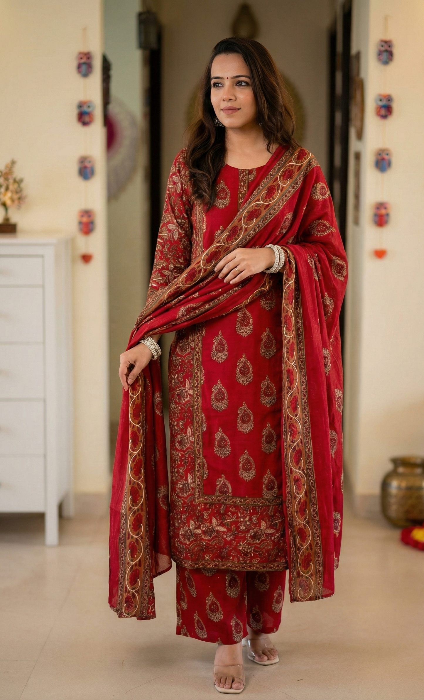 Regal Ruby: Gold Block-Printed Traditional Kurta Set with Dupatta