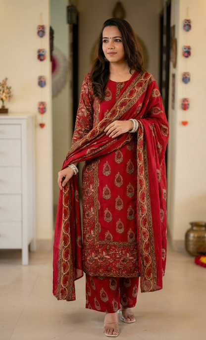 Regal Ruby: Gold Block-Printed Traditional Kurta Set with Dupatta