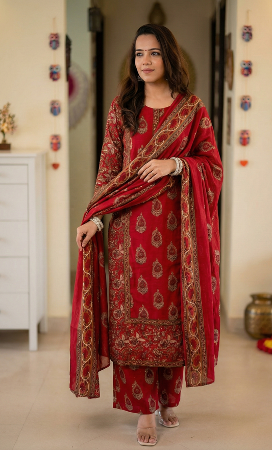 Regal Ruby: Gold Block-Printed Traditional Kurta Set with Dupatta