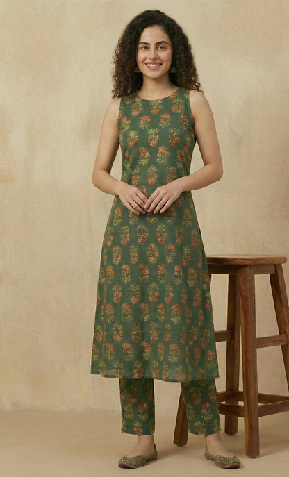 Deep Green Floral Block Print Sleeveless Kurta and Pant Set