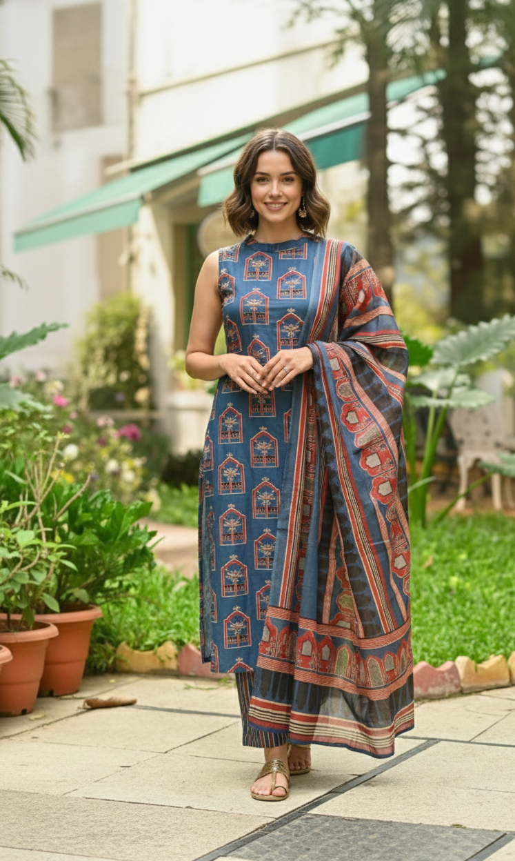 Elegant Blue Kalamkari Printed Kurta Set with Dupatta