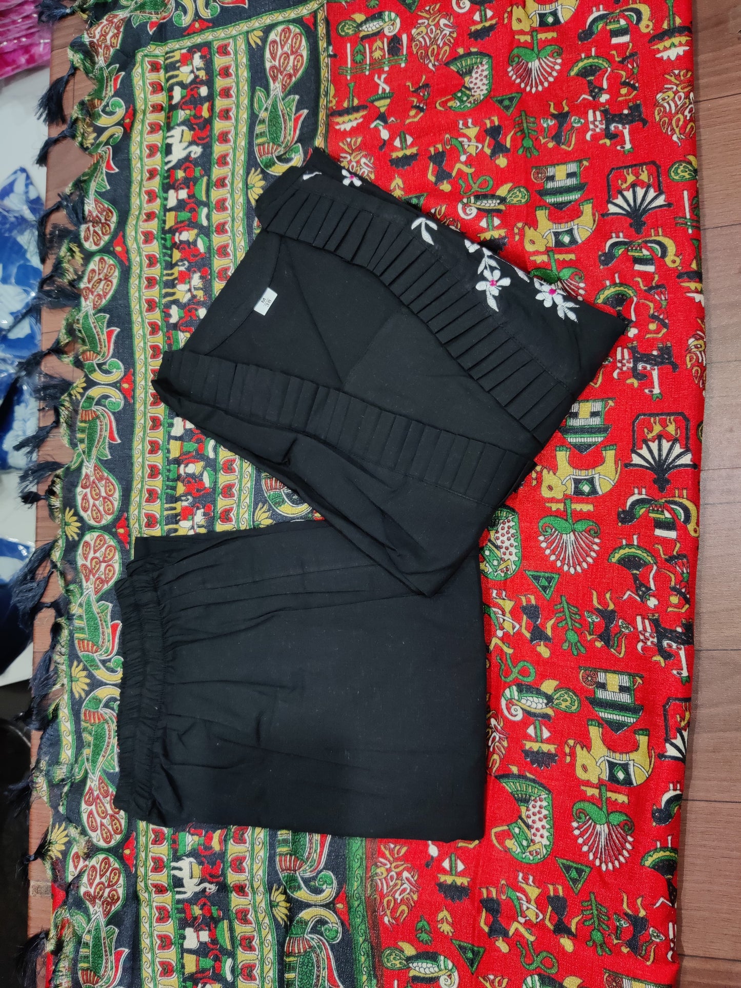 Elegant Noir: Black Straight-Cut Kurta Set with Floral Embroidery & Artisan Red Dupatta