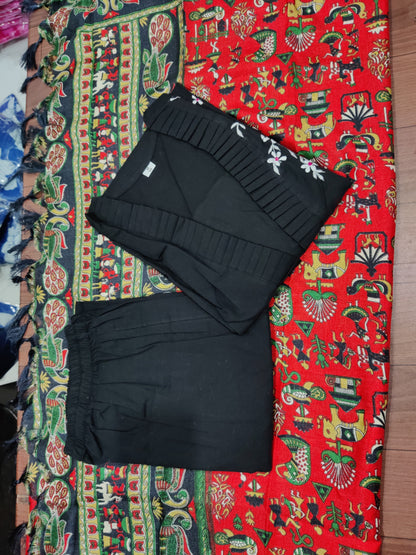 Elegant Noir: Black Straight-Cut Kurta Set with Floral Embroidery & Artisan Red Dupatta