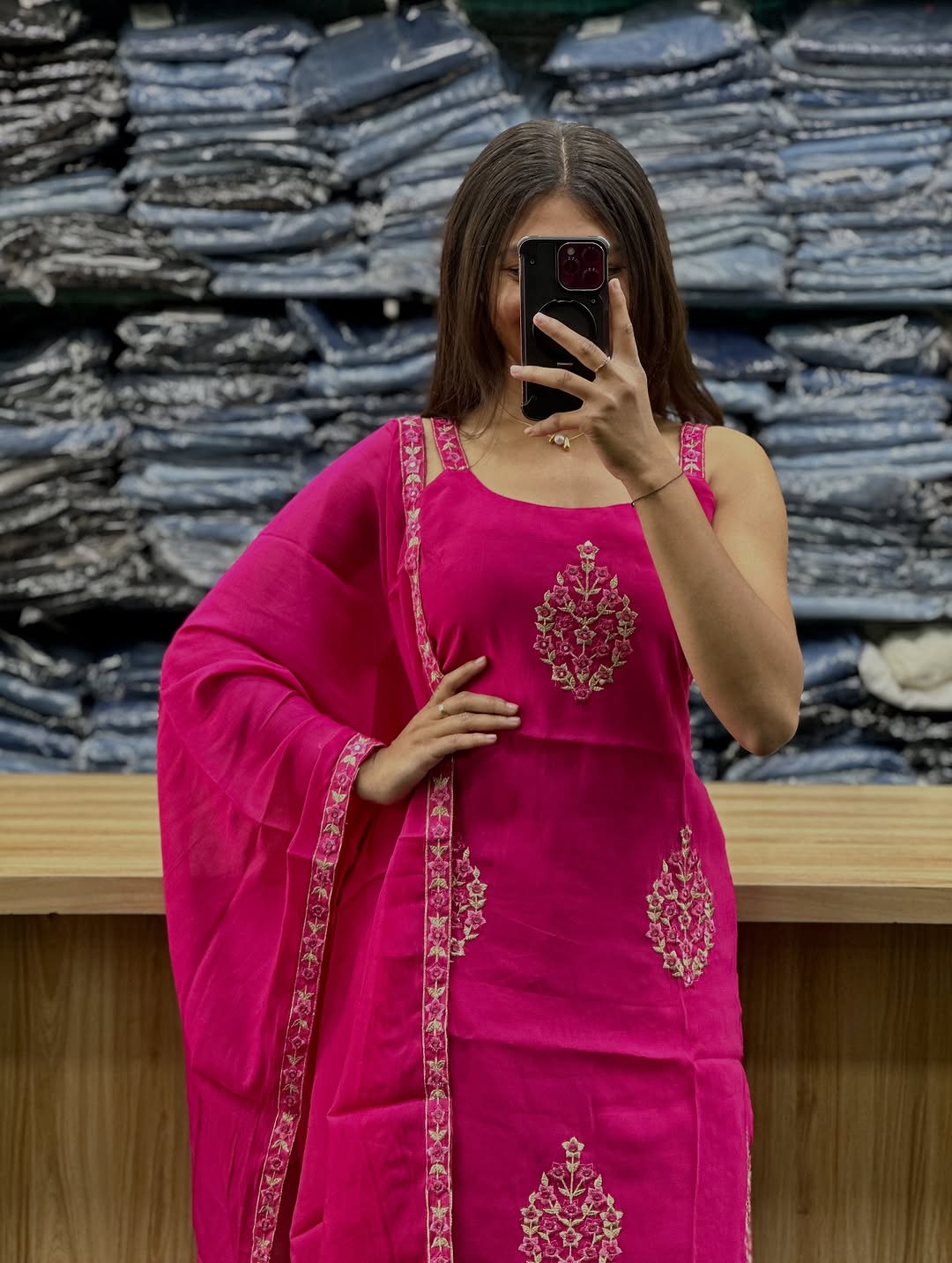 Hot Pink Embroidered Strappy Sleeveless Kurti with Salwar & Dupatta Set