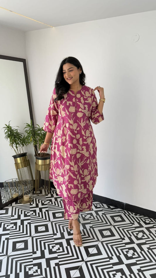 Women's Magenta Purple Floral Vine Print Kurta Pant Set with Lace Detail