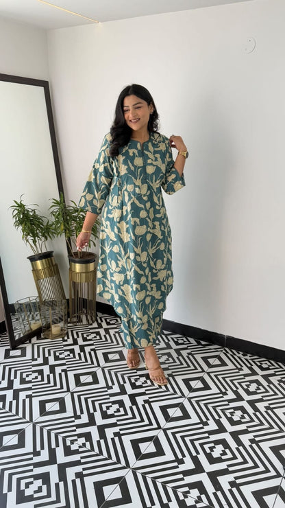 Women's Petrol Blue Floral Vine Print Kurta Pant Set with Lace Detail