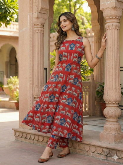 Women's Red Sleeveless Ethnic Elephant Print Kurta with Pant Set