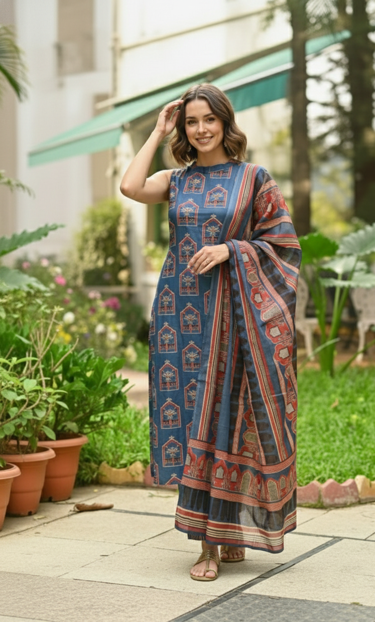 Elegant Blue Kalamkari Printed Kurta Set with Dupatta