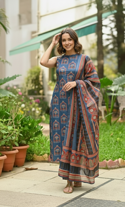 Elegant Blue Kalamkari Printed Kurta Set with Dupatta