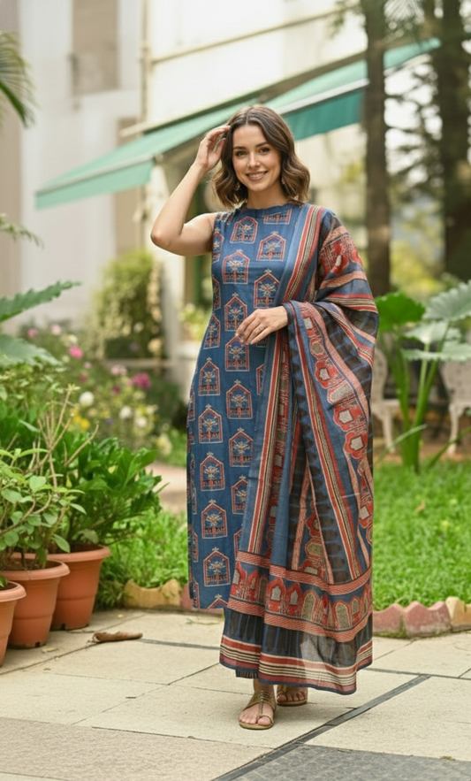 Elegant Blue Kalamkari Printed Kurta Set with Dupatta
