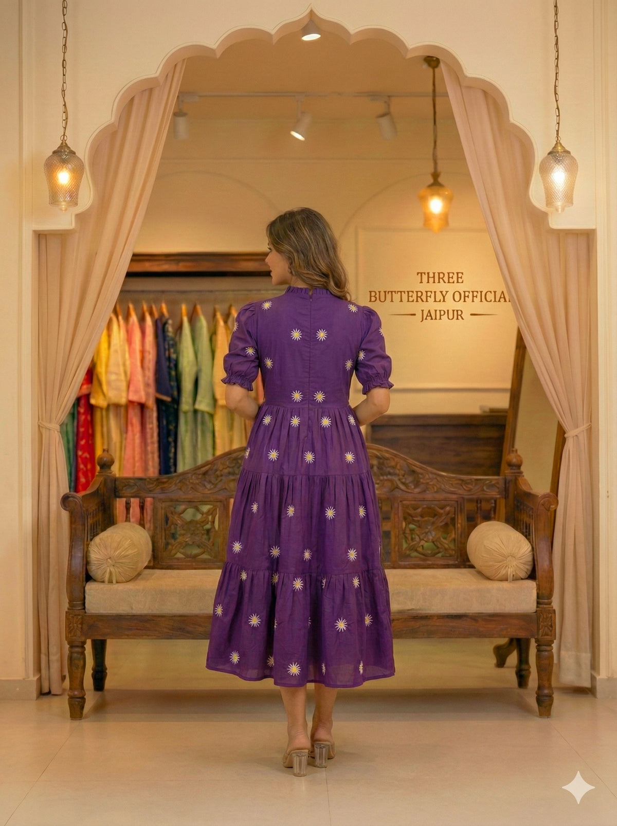 Deep Purple Daisy Embroidered Cotton Tiered Midi Dress