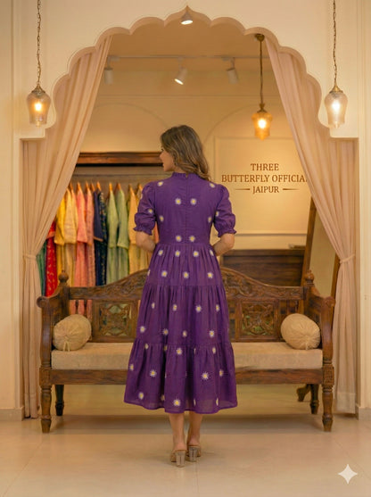 Deep Purple Daisy Embroidered Cotton Tiered Midi Dress