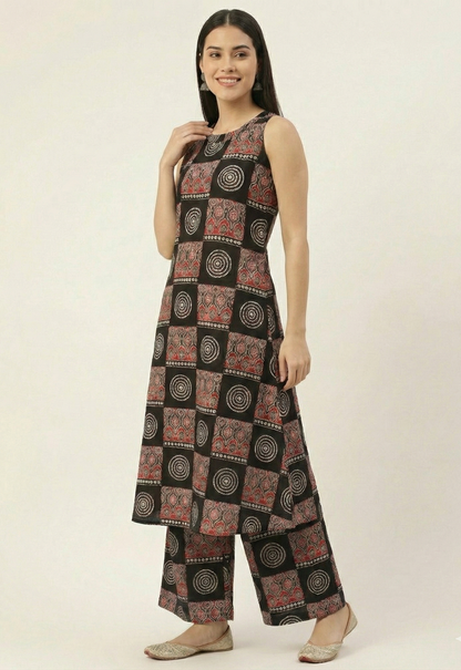 Black & Red Geometric Block Print Sleeveless Kurta with Palazzo Set