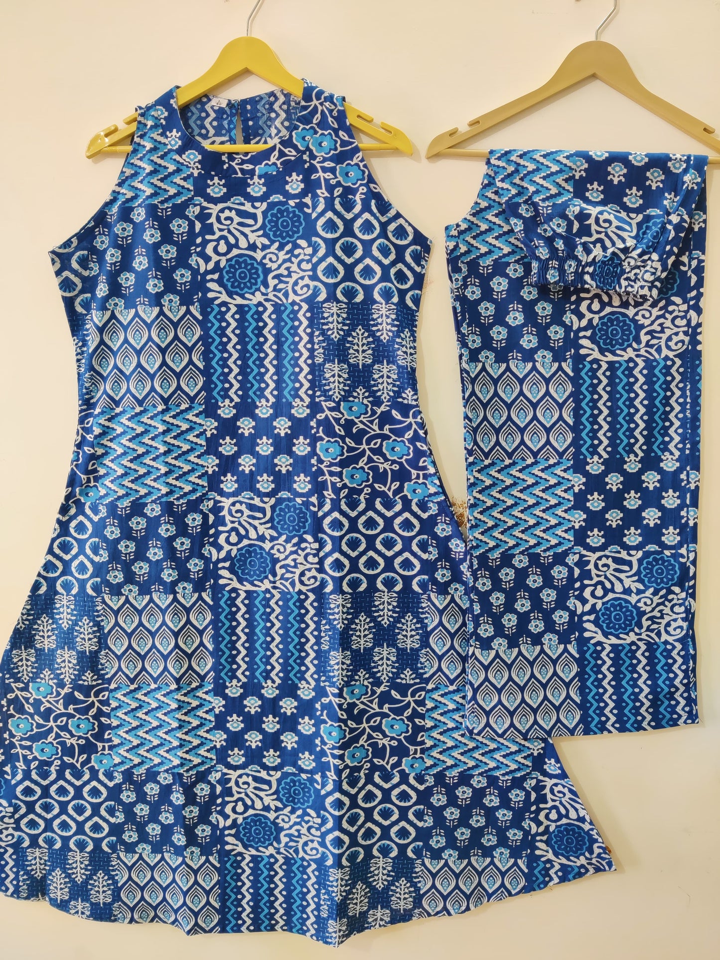 Indigo Fusion: Blue Patchwork Print Sleeveless Kurta Set