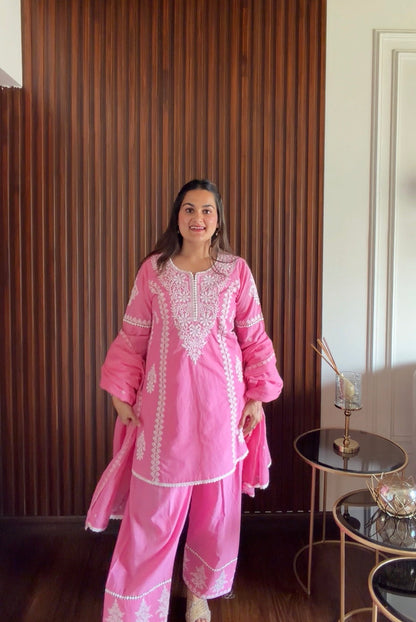 Candy Pink Chikankari Embroidered Cotton Kurta Set with Pant & Dupatta