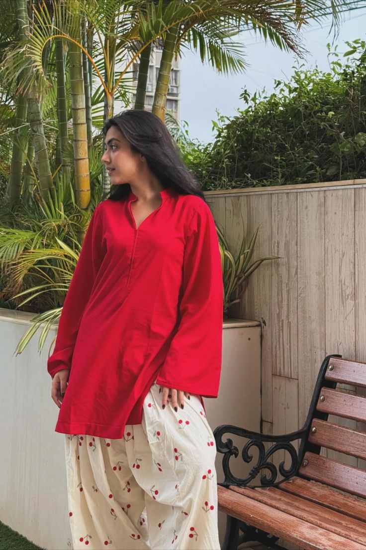 Classic Red Straight Kurti Paired with Embroidered Cherry-Motif Farshi Salwar Pants