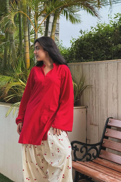 Classic Red Straight Kurti Paired with Embroidered Cherry-Motif Farshi Salwar Pants