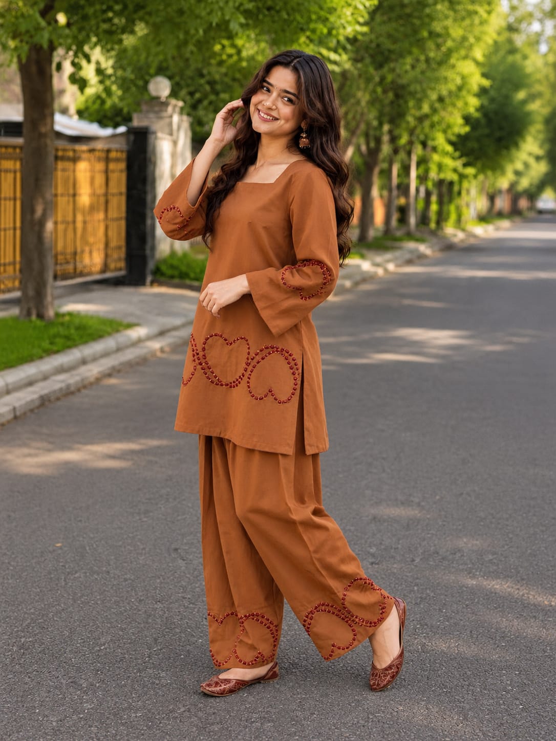 Rust Brown Heart Embroidered Cotton Short Kurti with Farshi Salwar Set