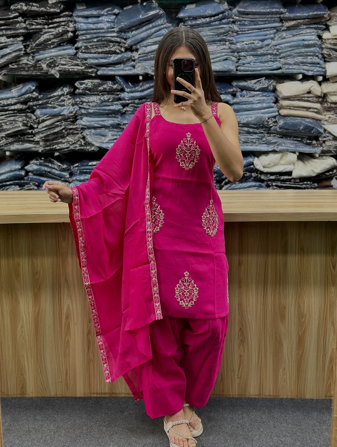 Hot Pink Embroidered Strappy Sleeveless Kurti with Salwar & Dupatta Set