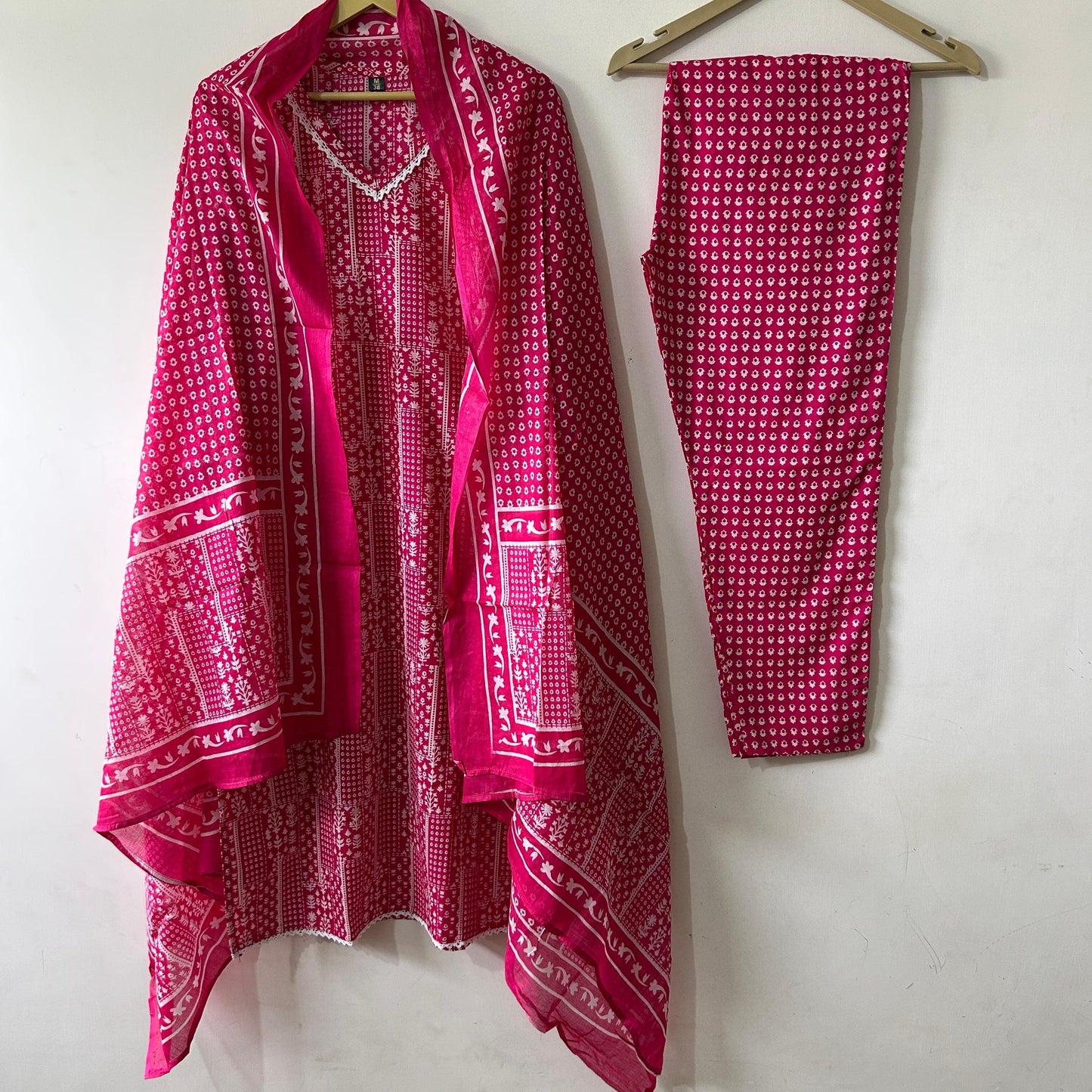 Rani Pink: Fine Printed Straight-Cut Kurta Set in Pure Cotton with Lace Detailing & Dupatta
