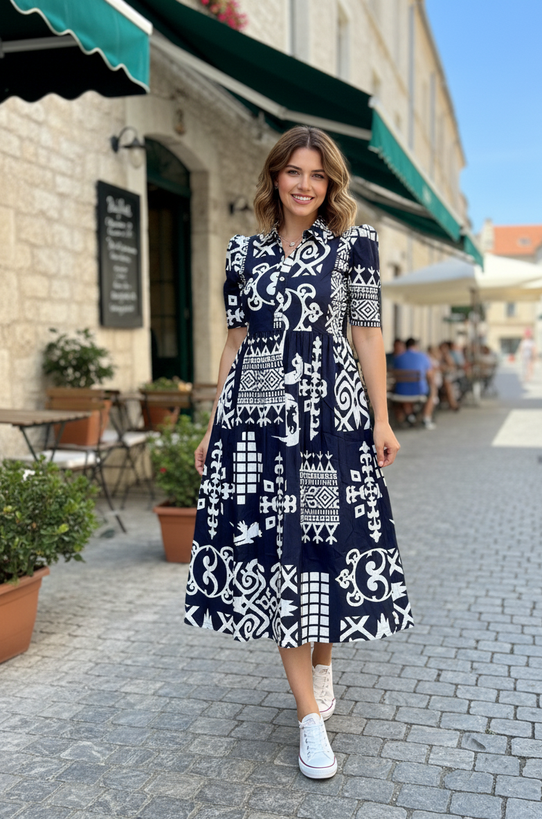 Classic Black & White Abstract Print Tiered Midi Dress