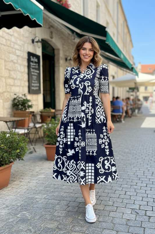 Classic Black & White Abstract Print Tiered Midi Dress