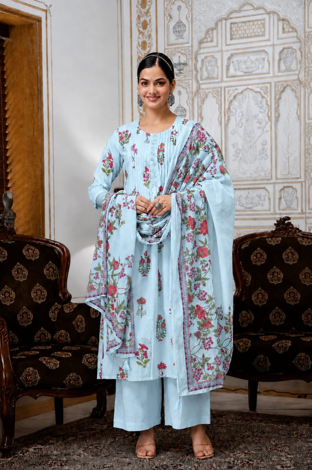 Sky Blue Floral Printed Cotton Kurta Set with Pant and Matching Dupatta