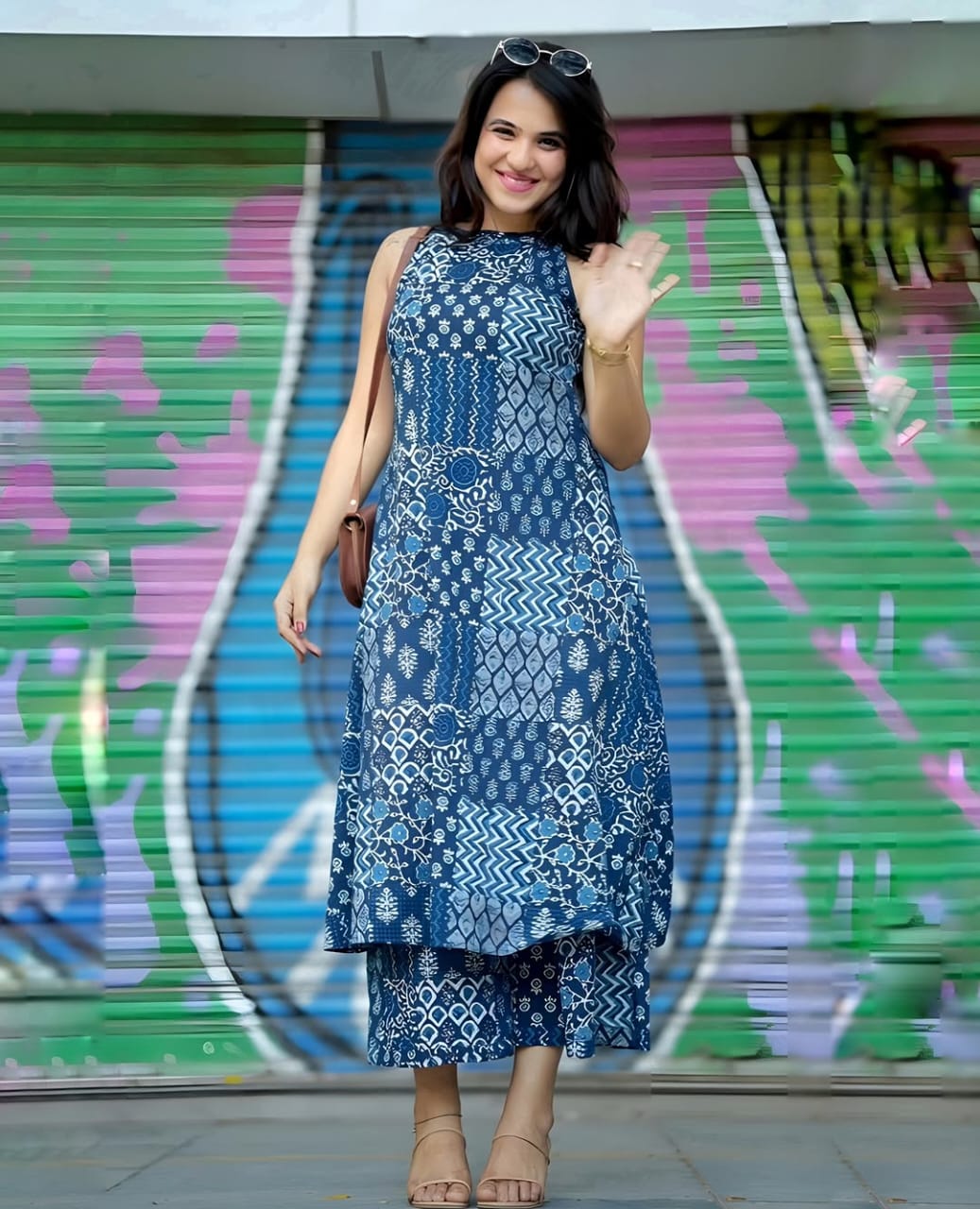 Indigo Fusion: Blue Patchwork Print Sleeveless Kurta Set