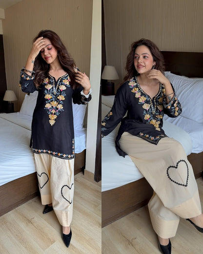 Black Floral Embroidered Cotton Short Kurti with Beige Farshi Salwar Set