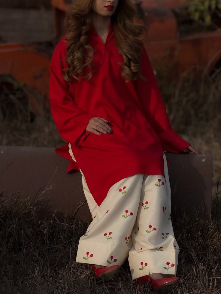Classic Red Straight Kurti Paired with Embroidered Cherry-Motif Farshi Salwar Pants