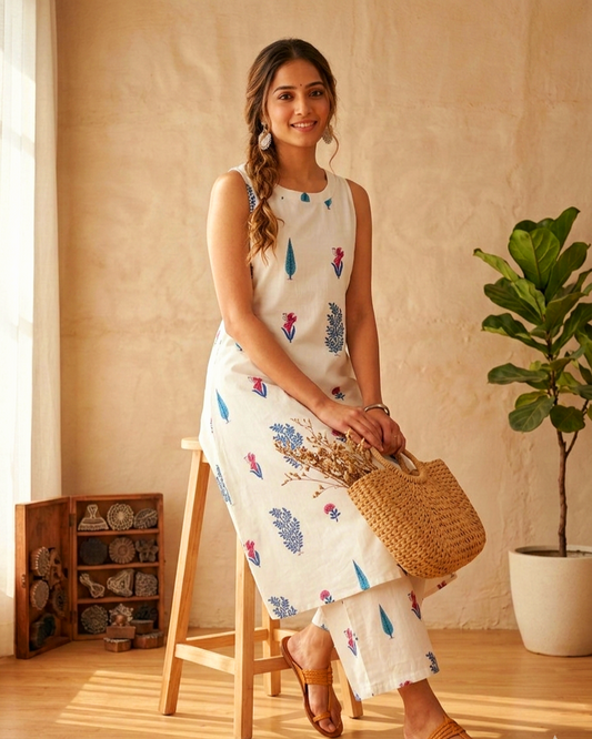 Women's White Floral Print Sleeveless A-Line Kurta with Palazzo Set