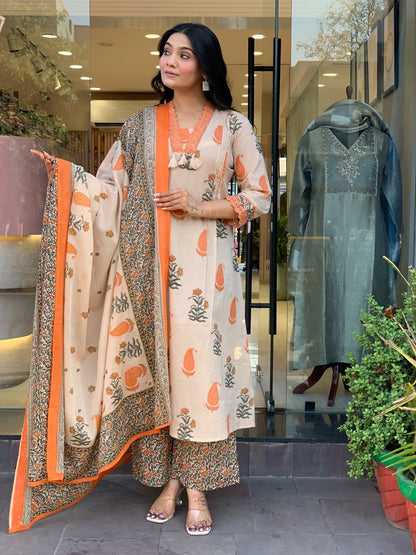 Beige & Tangerine Paisley Printed Kurta Set with Printed Plazzo and Dupatta