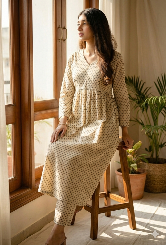 The Breezy Beige Set: Printed Kurta-Pant Duo