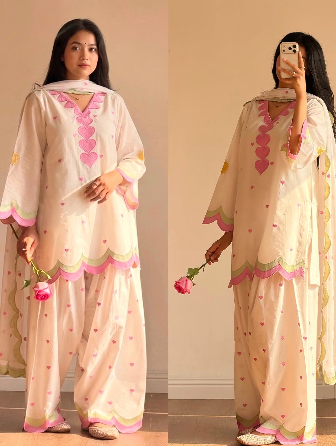 Off-White & Baby Pink Embroidered Salwar Suit Set with Scallop Borders