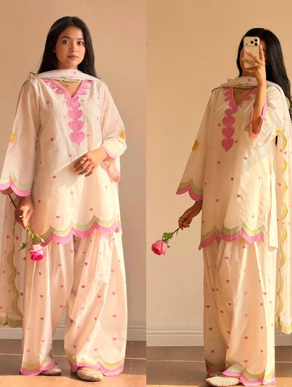Off-White & Baby Pink Embroidered Salwar Suit Set with Scallop Borders