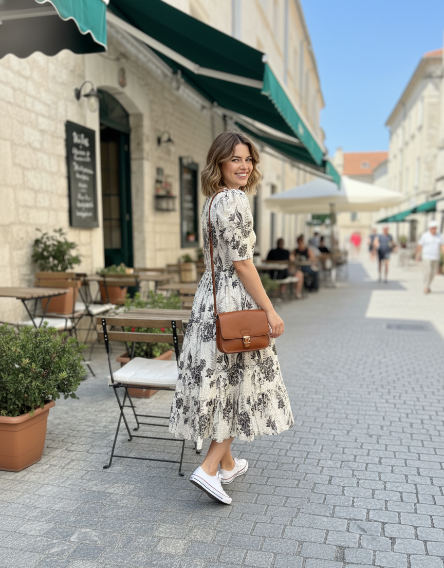 European Summer Printed Tiered Midi Dress