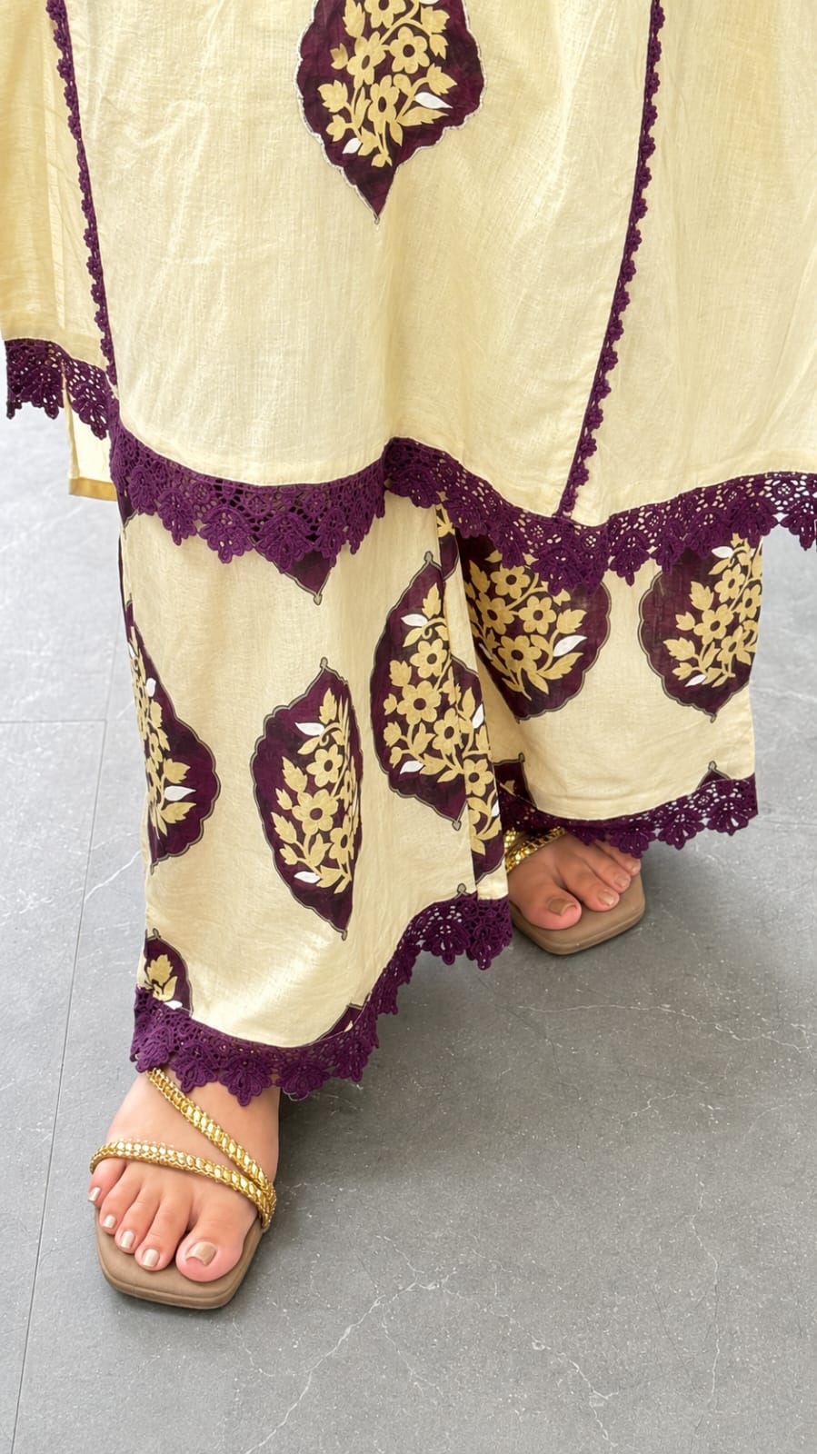 Sophisticated Beige and Plum Purple Block Print Kurta Set