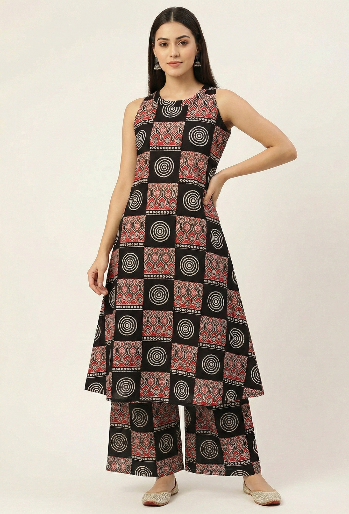 Black & Red Geometric Block Print Sleeveless Kurta with Palazzo Set