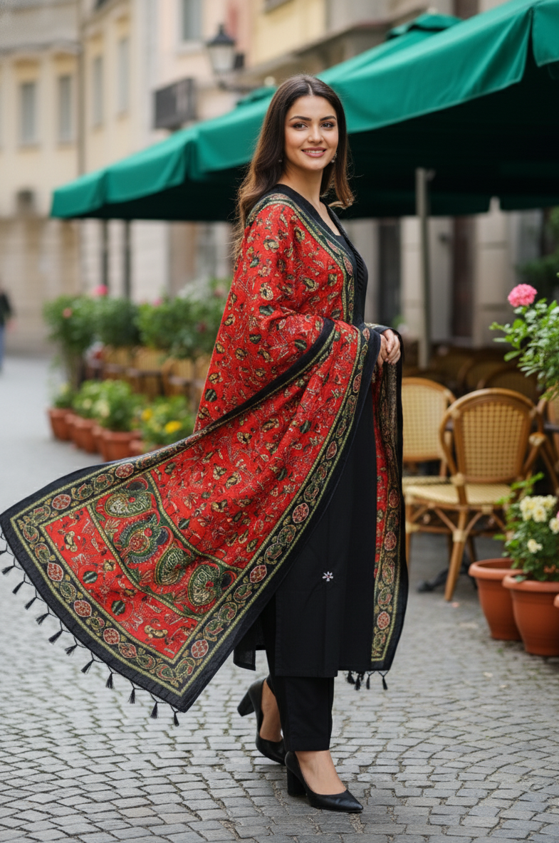 Elegant Noir: Black Straight-Cut Kurta Set with Floral Embroidery & Artisan Red Dupatta
