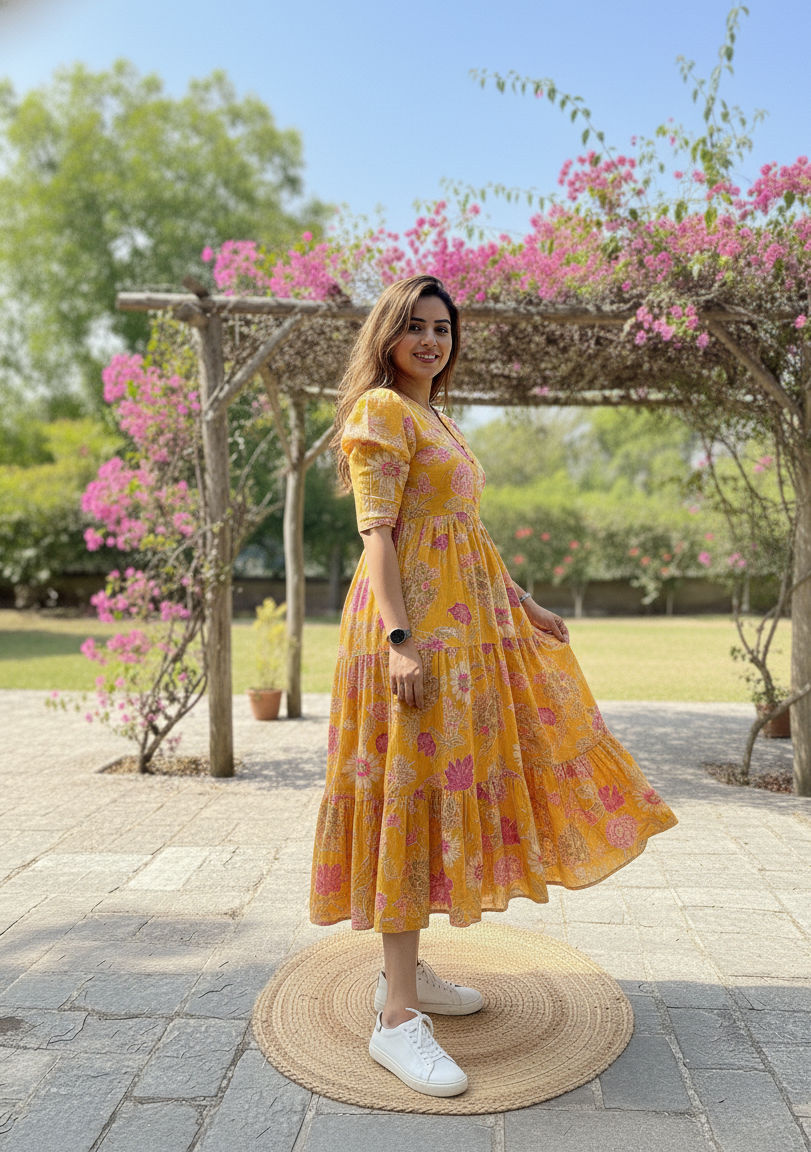 Yellow Floral Cotton Midi Dress for women